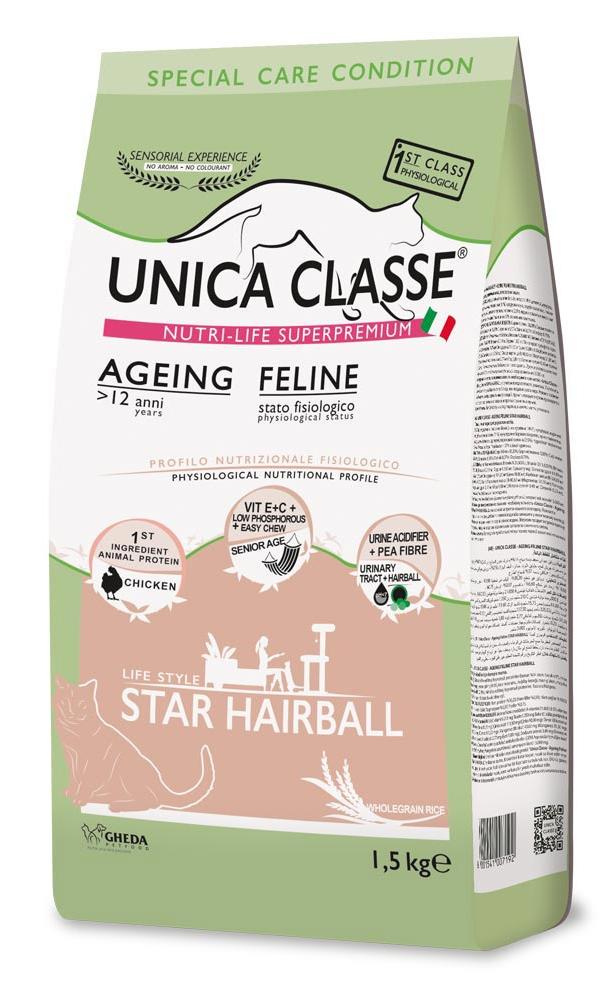 Сухой корм для пожилых кошек Unica Classe Ageing Feline Star Hairball, Курица